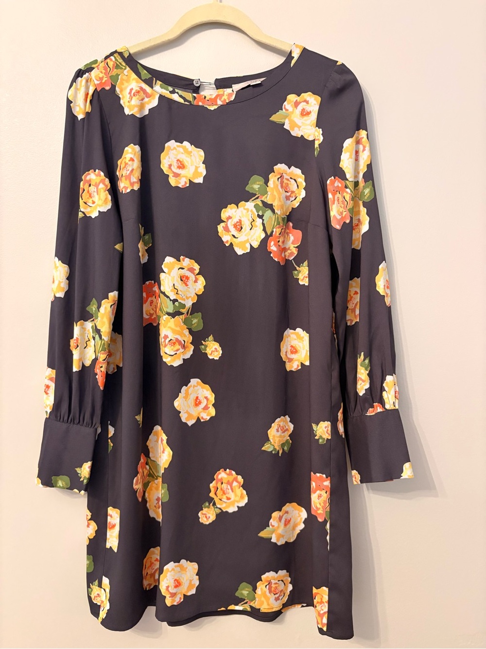 LOFT Floral Long-Sleeve Shift Dress with Yellow Rose Print Womens Small
